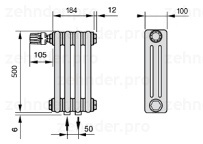 Схема (чертеж) Радиатор Zehnder Charleston 3050/4 №V007 Белый глянцевый RAL 9016